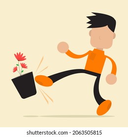 Illustration vector graphic of young man kicks flower pot because he is upset