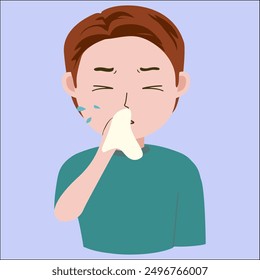 Illustration vector graphic of Young man sneezing, got flu, influenza , good for showing sick symptoms