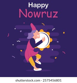 illustration vector graphic of a young man dancing and beating a tambourine, perfect for international day, happy nowruz day, celebrate, greeting card, etc.