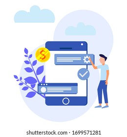 Illustration vector graphic of young men standing next to a large mobile screen containing economic charts perfect for young entrepreneurs.