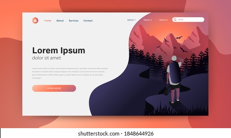 Illustration vector graphic of young men standing on top of a cliff in the summer mountains at sunset. Perfect for Banner, site, poster template, website, landing page