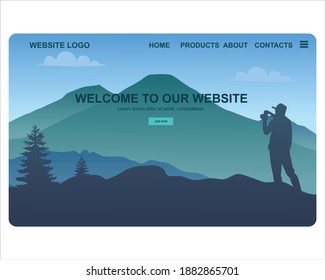 Illustration vector graphic of young men standing on top of a cliff in the summer mountains at sunset. Perfect for Banner, site, poster template, website, landing page, presentation templates