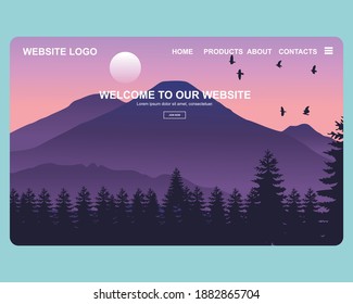 Illustration vector graphic of young men standing on top of a cliff in the summer mountains at sunset. Perfect for Banner, site, poster template, website, landing page, presentation templates