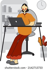 illustration vector graphic of young woman sitting on her desk using laptop.flat vector illustration.