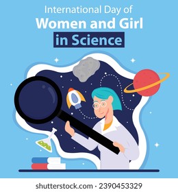 illustration vector graphic of a young woman is doing research, showing celestial bodies, perfect for international day, women and girl in science, celebrate, greeting card, etc.