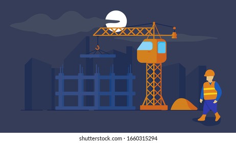 illustration vector graphics of background someone is monitoring work in the building construction at night in a flat style.perfect for construction background, property, real estate etc.