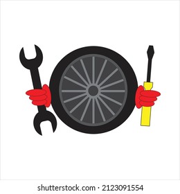 illustration vector graphics of car tire holding key and screwdriver