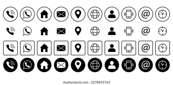 Illustration of vector graphics of the contact design template. A set of badges with biographical data on the business card of communication with the company. Phone, website, address, location.