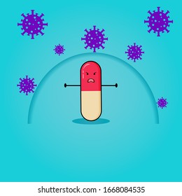 Illustration Vector graphics of a cute capsule pill with the concept of a capsule pill releasing superpowers to block the corona virus.cure corona virus.don't be afraid of covid-19 the corona virus.