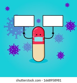 Illustration Vector graphics of a cute capsule pill with the concept of being surrounded by a corona virus and carrying blank banner
