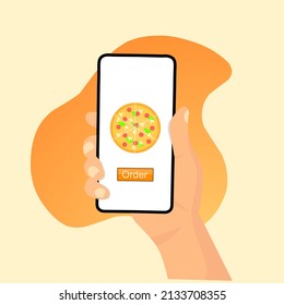 Illustration vector graphics flat design of, hands holding smartphone with order pizza online on screen, perfect for mobile application concept