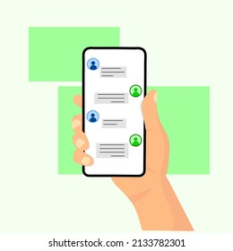 Illustration vector graphics flat design of, hands holding smartphone with chating friend on screen, perfect for mobile application concept
