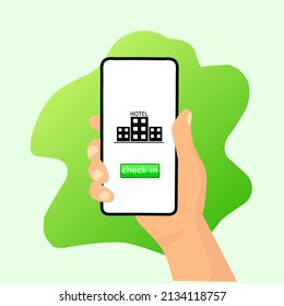 Ilustración vectorial diseño plano de, manos con smartphone con hotel de facturación en pantalla. Concepto perfecto para aplicaciones móviles