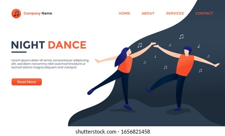ilustra gráficos vectoriales de diseño de página de inicio sobre las parejas que bailan de noche, perfecto para el diseño web, página de inicio, plantilla web, etc.