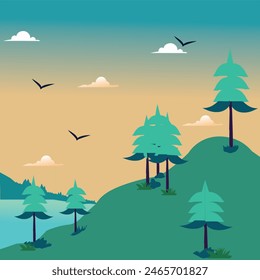 illustration in vector graphics of a landscape slope with trees and flying birds in the sky with clouds.