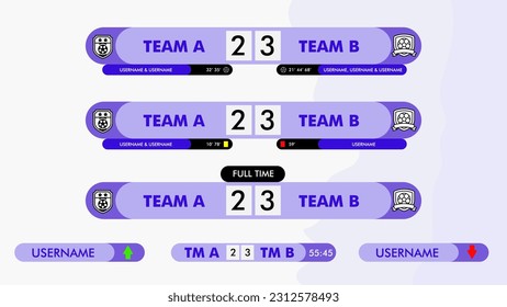 Illustration vector graphics of Lower Third Sporty Scoreboard Package with Color Purple Flat Design. Suitable for used entertainment, television, media social, media, broadcast, news etc