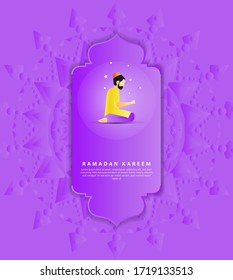Gráficos vectores de ilustración de hombres musulmanes rezando. Celebración del Ramadán Kareem. Hombre musulmán vectorial, hombre islámico rezando la oración musulmana. Diseño vectorial creativo para la cultura religiosa islámica.
