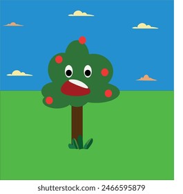illustration in vector graphics nature apple tree with red apples smiling on the moon clouds are floating