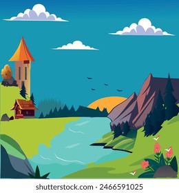 illustration in vector graphics nature house on the mountain fir trees on the slope birds in the sky