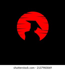 Illustration vector graphics of, template logo silhouette samurai with background red moon from Japan