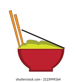 illustration vector graphics of a red bowl containing food and a pair of chopsticks