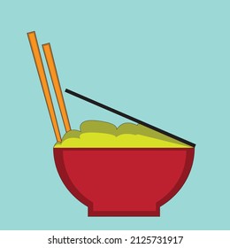 illustration vector graphics of a red bowl containing food and a pair of chopsticks