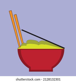 illustration vector graphics of a red bowl containing food and a pair of chopsticks