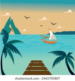 illustration in vector graphics of a sea landscape and flying birds in the sky with clouds.