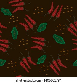 Illustration of vector graphics Seamless background with chili pepper. Isolated Pepper Can.  Stylish vintage illustration. Wallpaper design, textiles, postal packaging.