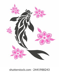 Illustration vector graphics of Tribal art design of koi fish with cherry blossoms