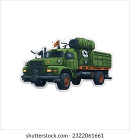Illustration, Vektorgrafik des klassischen Armeewagens, grüne Farbe, weißer Hintergrund.