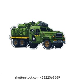 Gráfico vectorial de ilustración de camión clásico del ejército, color verde, fondo blanco.