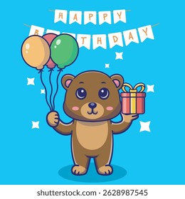 Illustration vector grapich of cute bear holding balloons and gift perfect for birthday card and invitation 