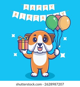 Illustration vector grapich of cute bulldog holding balloons and gift perfect for birthday card and invitation 