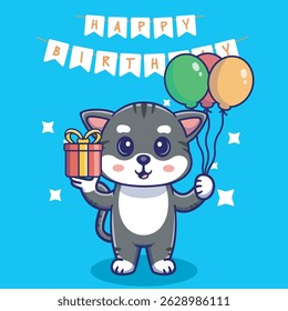 Illustration vector grapich of cute kitten holding balloons and gift perfect for birthday card and invitation 