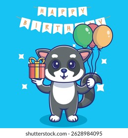 Illustration vector grapich of cute racoon holding balloons and gift perfect for birthday card and invitation 