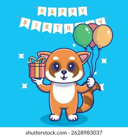 Illustration vector grapich of cute red racoon holding balloons and gift perfect for birthday card and invitation 
