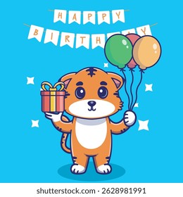 Illustration vector grapich of cute tiger holding balloons and gift perfect for birthday card and invitation 
