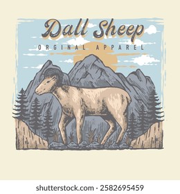 Illustration vector grapich of Dall sheep and forest perfect for your tshirt design 