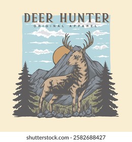 Illustration vector grapich of Deer and mountain forest