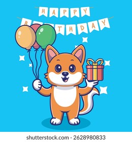 Illustration vector grapich of fox holding balloons and gift perfect for birthday card and invitation 