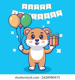 Illustration vector grapich of hamster holding balloons and gift perfect for birthday card and invitation 