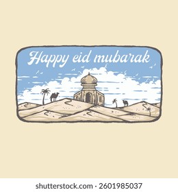 Illustration vector grapich of mosque in desert perfect for thanksgiving,sticker and tshirt design 