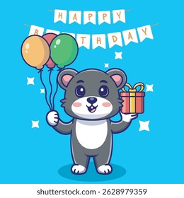 Illustration vector grapich of mouse holding balloons and gift perfect for birthday card and invitation 
