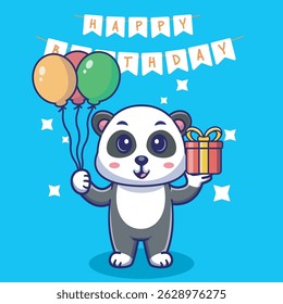 Illustration vector grapich of panda holding ballon and gift perfect for party decorations and banner 