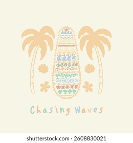 Illustration vector grapich of patern surfboard and palm tree perfect for tshirt design and sticker design 