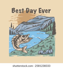 Illustration vector grapich of Salmon and lake good for tshirt design