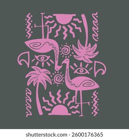 Illustration vector grapich of swan,sun,palm and waves perfect for your tshirt design 