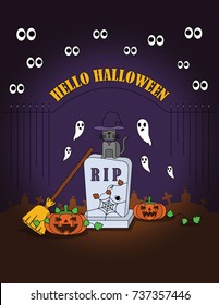 Illustration vector of graveyard on Halloween night. Black cat on witch hat costume is siting on grave with wizard broom and white ghosts around. Scary pumpkin carving on the ground.