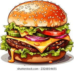 Illustration vector of a great delicious burger with melted cheese, lettuce, tomatoes and meat. Unhealthy food illustrations suitable for articles or presentation elements.